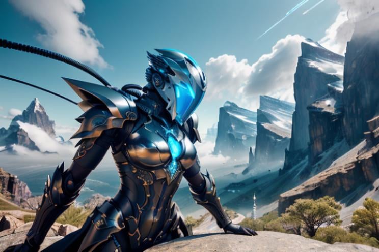 raw candid photo of android,  <lora:magic-fantasy-mech-v1:0.5>, magic-fantasy-mech, facing camera, exposed spine, blue eyes, 1GIRL, 1mechanical, intricate detail, intricate design, science fiction,  helmet, spiky hair, mountains, clouds, dynamic lighting, dynamic colours, dynamic background, dynamic pose, perfect composition, 8k, octane, high quality, highres, plated armour, outdoors, depth of field,  most beautiful artwork in the world, amazing, extraordinary, inspiring, intimidating, dramatic, cables, wires, perfect hands, perfect body, perfect face