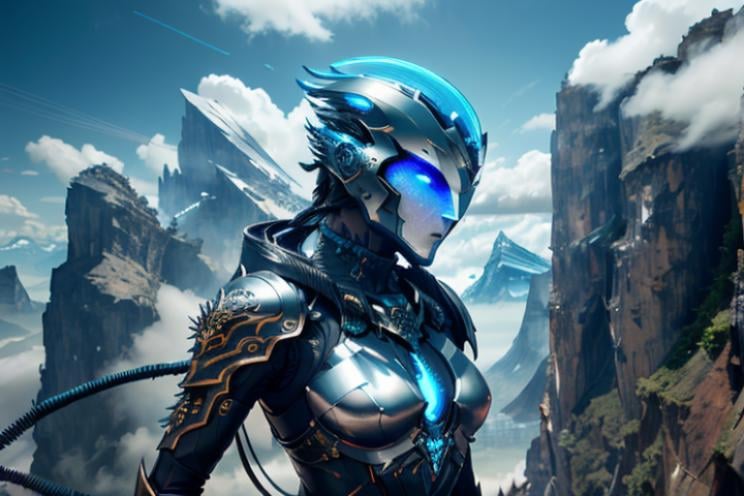 raw candid photo of android,  <lora:magic-fantasy-mech-v1:0.6>, magic-fantasy-mech, facing camera, exposed spine, blue eyes, 1GIRL, 1mechanical, intricate detail, intricate design, science fiction,  helmet, spiky hair, mountains, clouds, dynamic lighting, dynamic colours, dynamic background, dynamic pose, perfect composition, 8k, octane, high quality, highres, plated armour, outdoors, depth of field,  most beautiful artwork in the world, amazing, extraordinary, inspiring, intimidating, dramatic, cables, wires, perfect hands, perfect body, perfect face