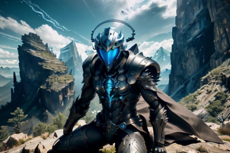 raw candid photo of android,  <lora:magic-fantasy-mech-v1:0.65>, magic-fantasy-mech, facing camera, exposed spine, blue eyes, 1boy, 1mechanical, intricate detail, intricate design, science fiction,  helmet, spiky hair, mountains, clouds, dynamic lighting, dynamic colours, dynamic background, dynamic pose, perfect composition, 8k, octane, high quality, highres, plated armour, outdoors, depth of field,  most beautiful artwork in the world, amazing, extraordinary, inspiring, intimidating, dramatic, cables, wires, perfect hands, perfect body, perfect face