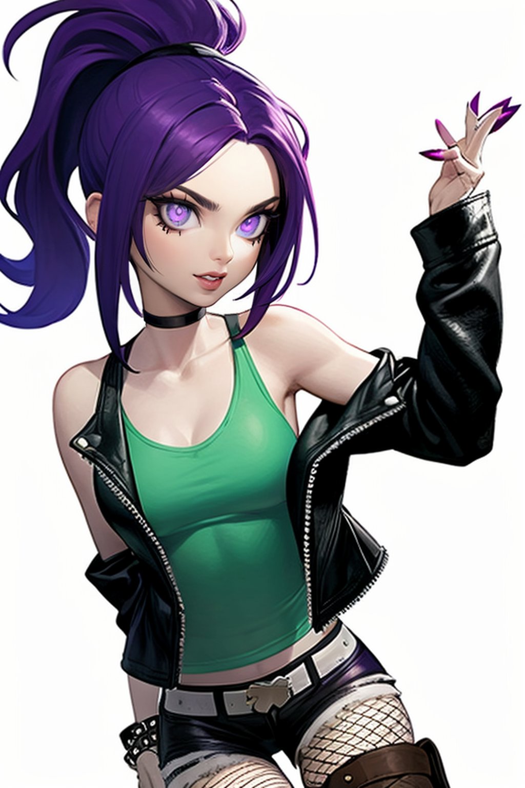 8k, masterpiece, best quality, mature female, 1girl, white background, solo, dark-purple hair, leather_jacket,Ember_McLain_Danny_Phantom, purple_eyes, fur_trim, tanktop, fishnets, short_ponytail, torn_shorts, wearing_jacket,AGGA_ST022