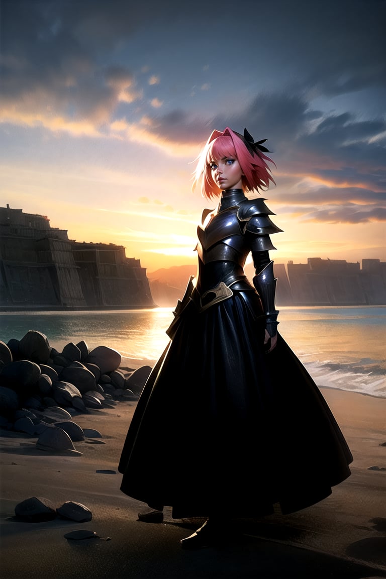 AGGA_ST022, 1girl, Astolfo, armor, fantasy, solo focuss, black dress, war, epic scene