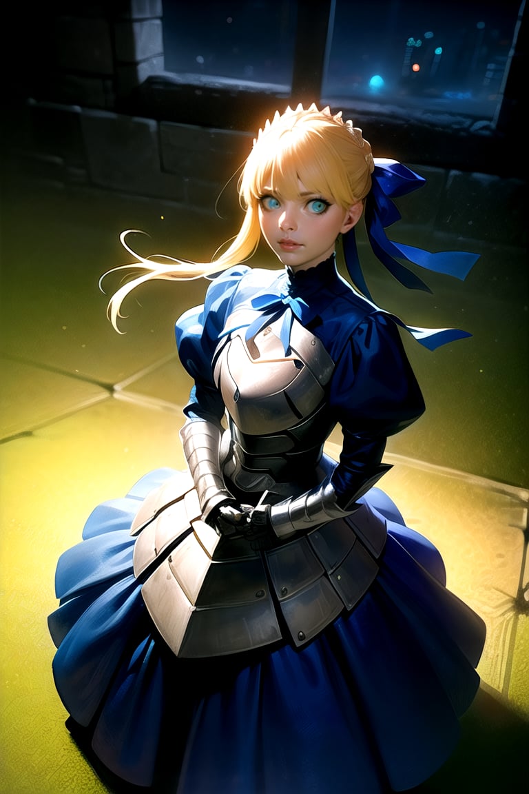 masterpiece, absurdres, best quality ,intricate details, from above,night time ,Don't look at view , 1girl, silver armor, armored dress, (artoria pendragon \(fate\), blonde hair, blue dress, blue ribbon, braid, dress,\(fate/stay night\), faulds, gauntlets, glowing, green eyes, hair between eyes, hair ribbon, juliet sleeves, long sleeves, puffy sleeves, ribbon, saber, solo, standing, blonde hair, armor, (fate/stay night), green eyes, gauntlets, dress, armored dress, hair ribbon, ribbon,AGGA_ST022