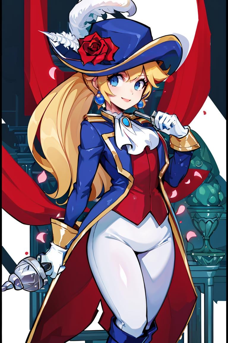 <lora:Harada_Takehito_Background_Dim32:0.6>,((masterpiece,best quality)), absurdres, <lora:Princess_Peach_Nintendo:0.8>, Swordfighter_Peach, solo, 1girl, hat, blonde hair, blue eyes, jewelry, earrings, long hair, rapier, hat feather, pants, ascot, red rose, hat flower, ponytail, white pants, white gloves, boots, blue jacket, long sleeves, smiling, looking at viewer, cowboy shot,  cinematic composition,   