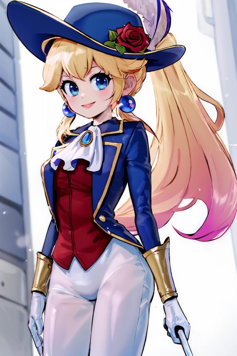 <lora:Mantis_Style:0.8>,((masterpiece,best quality)), absurdres, <lora:Princess_Peach_Nintendo:0.8>, Swordfighter_Peach, solo, 1girl, hat, blonde hair, blue eyes, jewelry, earrings, long hair, rapier, hat feather, pants, ascot, red rose, hat flower, ponytail, white pants, white gloves, boots, blue jacket, long sleeves, smiling, looking at viewer, cowboy shot,  cinematic composition,   