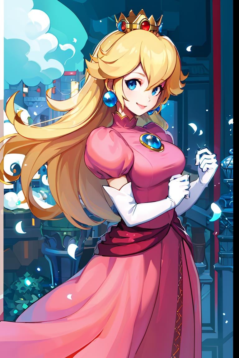 <lora:Harada_Takehito_Background_Dim32:0.6>,((masterpiece,best quality)), absurdres, <lora:Princess_Peach_Nintendo:0.8>, Princess_Peach,  blonde hair, blue eyes, long hair, crown, dress, gem, gloves, pink dress, puffy sleeves, short sleeves, white gloves, solo, smiling, looking at viewer, cowboy shot,  cinematic composition,    