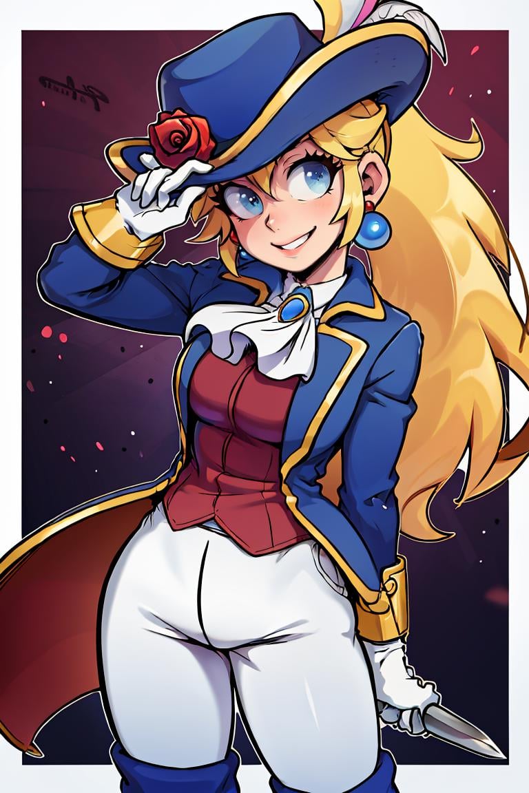 <lora:the_other_half_style:0.8>,((masterpiece,best quality)), absurdres, <lora:Princess_Peach_Nintendo:0.8>, Swordfighter_Peach, solo, 1girl, hat, blonde hair, blue eyes, jewelry, earrings, long hair, rapier, hat feather, pants, ascot, red rose, hat flower, ponytail, white pants, white gloves, boots, blue jacket, long sleeves, smiling, looking at viewer, cowboy shot,  cinematic composition,   