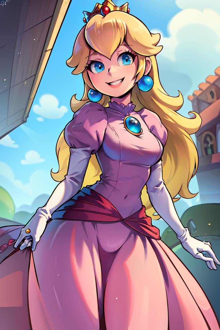 <lora:the_other_half_style:0.8>,((masterpiece,best quality)), absurdres, <lora:Princess_Peach_Nintendo:0.8>, Princess_Peach,  blonde hair, blue eyes, long hair, crown, dress, gem, gloves, pink dress, puffy sleeves, short sleeves, white gloves, solo, smiling, looking at viewer, cowboy shot,  cinematic composition,    