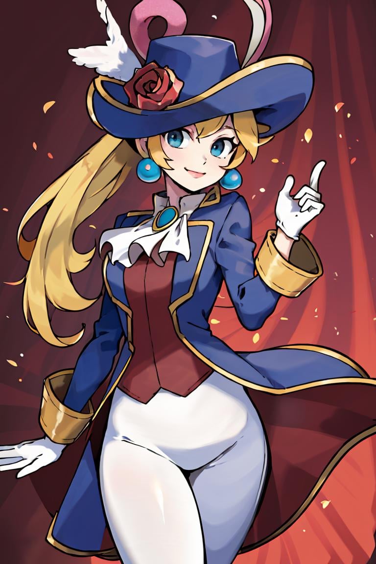 <lora:Sugimori_Ken_Style_v2:0.8>,((masterpiece,best quality)), absurdres, <lora:Princess_Peach_Nintendo:0.8>, Swordfighter_Peach, solo, 1girl, hat, blonde hair, blue eyes, jewelry, earrings, long hair, rapier, hat feather, pants, ascot, red rose, hat flower, ponytail, white pants, white gloves, boots, blue jacket, long sleeves, smiling, looking at viewer, cowboy shot,  cinematic composition,   