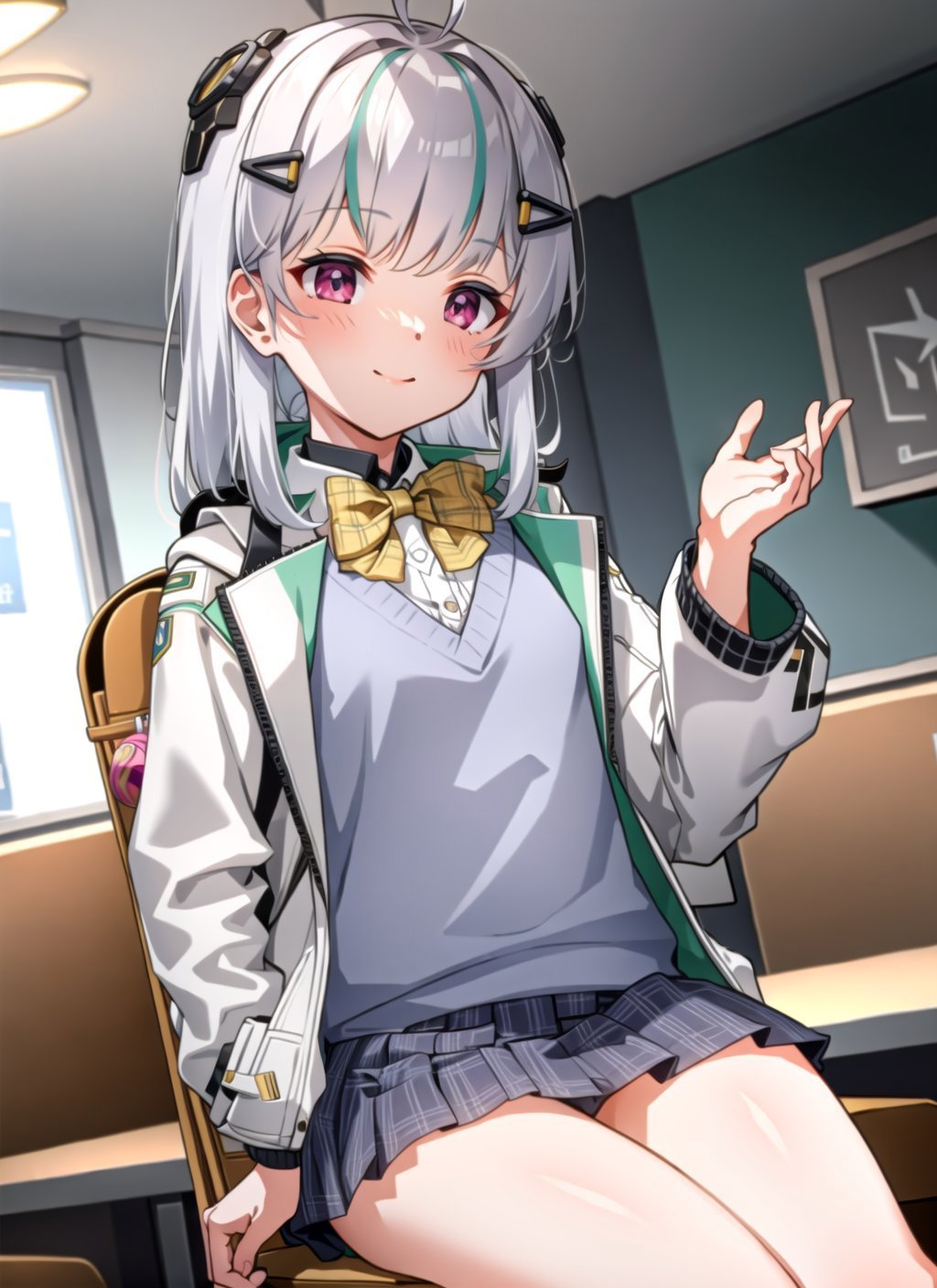 1girl, masterpiece, best quality, <lora:Admi2-09:0.8>, nikkeadmi, solo, pleated skirt, jacket, plaid, hair ornament, bowtie, sweater vest, blush, white jacket, grey sweater, yellow bowtie, small breasts, backpack, white socks, long sleeves, light smile, science fiction, cafe, table, chair, sitting