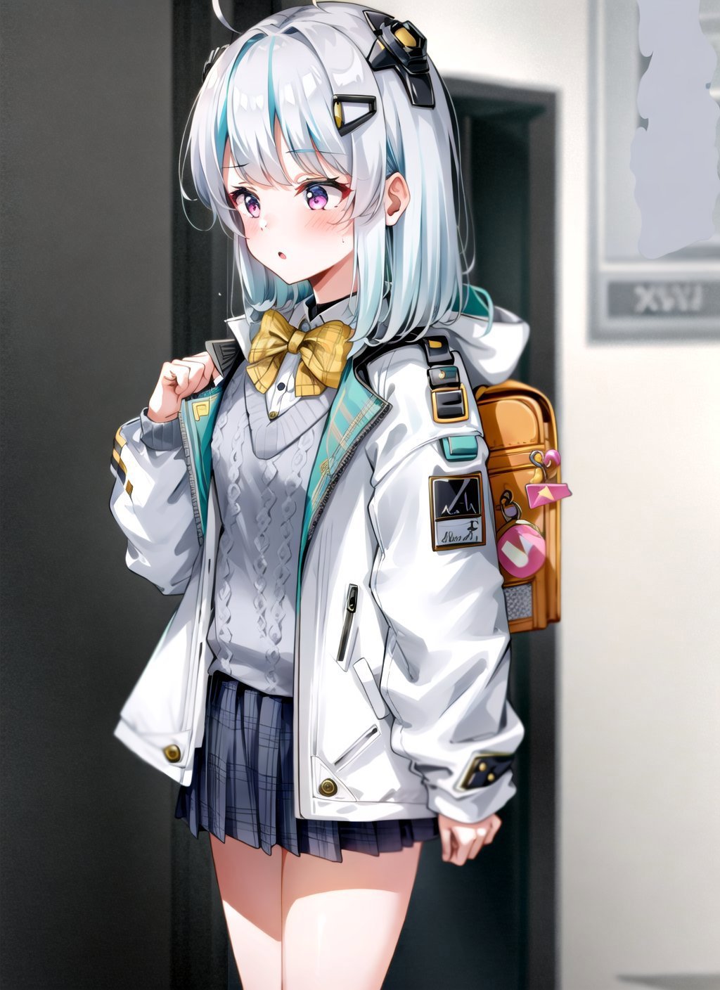 1girl, masterpiece, best quality, <lora:Admi2-08:0.8>, nikkeadmi, standing, solo, pleated skirt, jacket, plaid, hair ornament, bowtie, sweater vest, blush, white jacket, grey sweater, yellow bowtie, small breasts, backpack, white socks, long sleeves, 