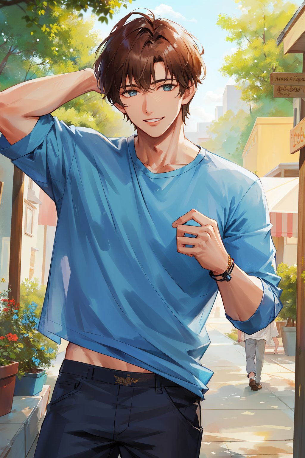 masterpiece, best quality, highres:1.3), ( young handsome man, honey-brown hair, short hair, light_blue_eyes) jewelry, male focus, pants, blue shirt, casual clothes, tan skin, smile, wolfcut hair,