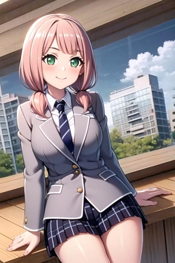 ((masterpiece, best quality)),very detailed, simple eyes,((((outdoors)))),((large breasts)),<lora:himari001:0.8>,himari uehara 1girl, bangs, blazer, blue_skirt, blush, book, green_eyes, haneoka_school_uniform, indoors, grey jacket, long_sleeves, looking_at_viewer, low_twintails, necktie, pink_hair, plaid, plaid_skirt, pleated_skirt, school_uniform, shirt, skirt, smile,striped_necktie, twintails, 