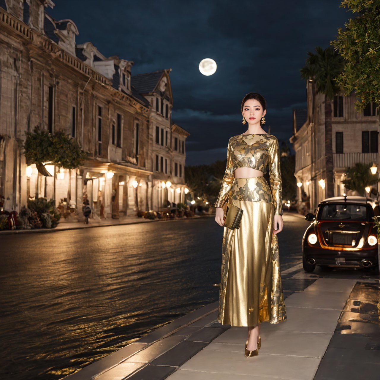 ((Full-Body Shot)), long shot scenic professional photograph in corporate style. 1female, 22yo, wearing ((gold inspired clothes)),mini clutch, full detail, perfect viewpoint, highly detailed, wide-angle lens, hyper realistic, night, with dramatic sky, polarizing filter, vivid colors, midnight moonlight, everything in sharp focus, HDR, UHD, 64K,