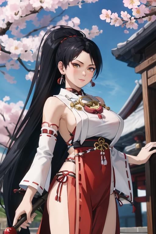 <lora:doa_momiji:0.7> momiji, 1girl, miko outfit, shrine, cherry blossoms, masterpiece