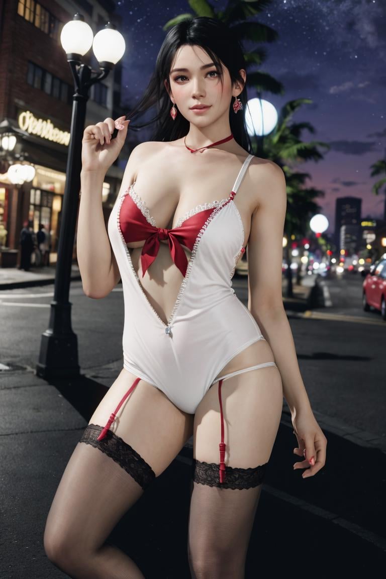 <lora:doa_momiji:0.7> momiji, white playsuit, red tie, fishnet stockings, night, downtown