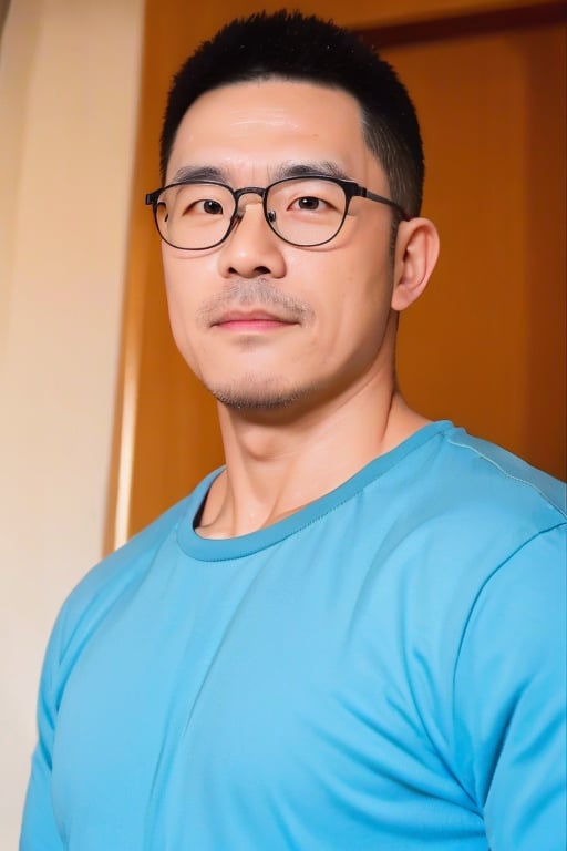 1 Japanese male,upper_body,handsome,photorealistic,light,looking_at_viewer,glasses,big nose,stubble,bodybuilder,42_years_old, in_a_bedroom