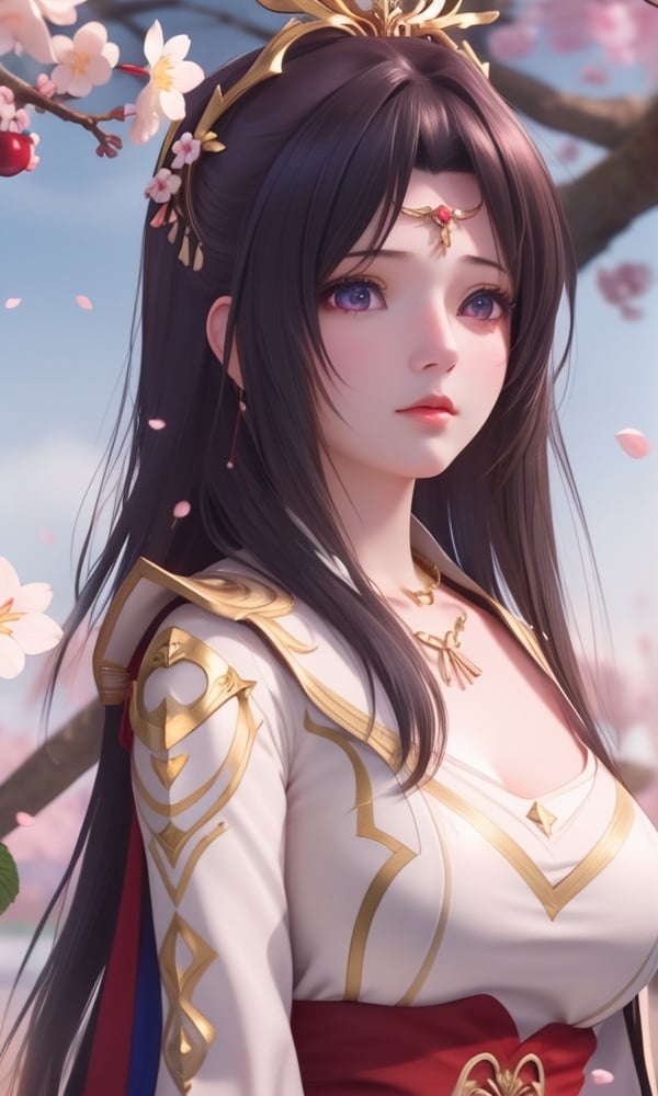 (,1girl, ,best quality, )<lora:DA_云韵V3-婚服-斗破苍穹:0.6>, ,masterpiece, fantasy, realistic,science fiction,mole, ultra realistic 8k cg, ,tamari \(flawless\),  large breasts  , cherry blossoms     upper body, (),