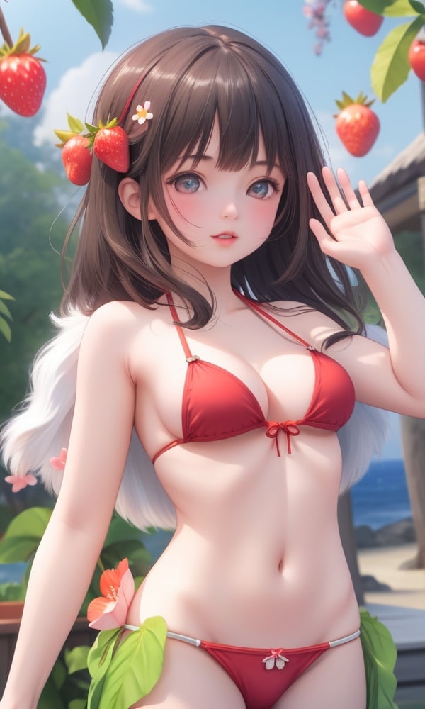 (,1girl, ,best quality, )<lora:DA_姜茵茵-武动乾坤:0.6>, ,masterpiece, fantasy, realistic,science fiction,mole, ultra realistic 8k cg, ,tamari \(flawless\), large breasts,    upper body, (),,strawberry blossoms,((bikini)),beach, waving,