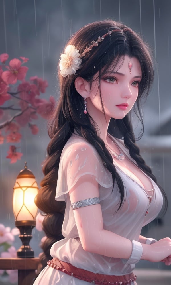 (,1girl, ,best quality, )<lora:DA_姜雪-武动乾坤:0.6>, ,ultra realistic 8k cg, flawless,  tamari \(flawless\), professional artwork, famous artwork, cinematic lighting, cinematic bloom, perfect face, beautiful face, fantasy, dreamlike, unreal, science fiction,  luxury, jewelry, diamond, pearl, gem, sapphire, ruby, emerald, intricate detail, delicate pattern, charming, alluring, seductive, erotic, enchanting, hair ornament, necklace, earrings, bracelet, armlet,halo,masterpiece, fantasy, realistic,science fiction,mole,  large breasts,cherry blossoms,wet clothes,lace, lace trim,   lace-trimmed legwear,(((Best quality, masterpiece, ultra high res, (photorealistic:1.4), raw photo, 1girl, wet clothes, rain, sweat, ,wet, night, moon,  )))  upper body, (),