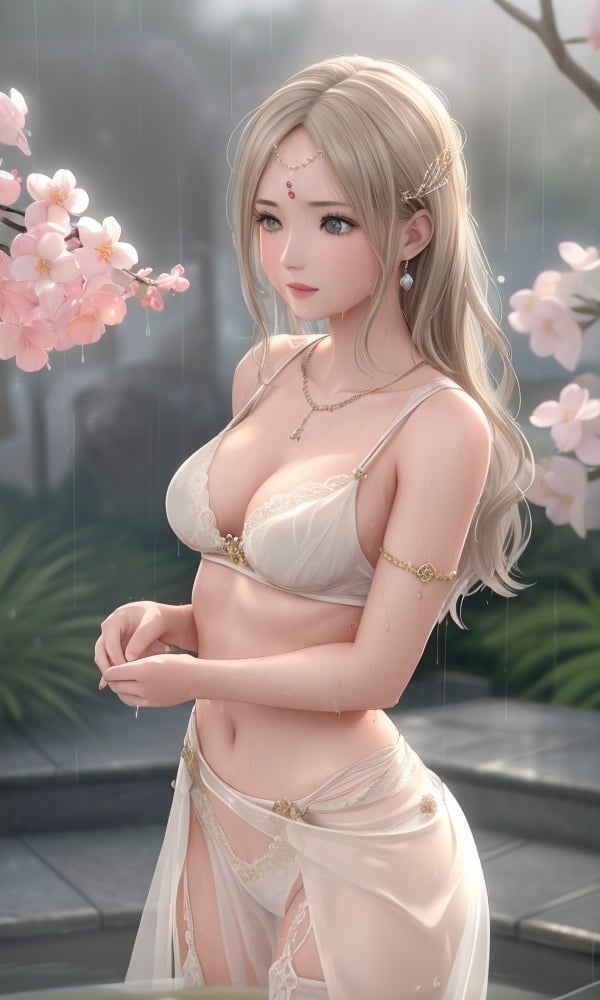 (,1girl, ,best quality, )<lora:DA_神泣光明女神V2:0.6>, ,ultra realistic 8k cg, flawless,  tamari \(flawless\), professional artwork, famous artwork, cinematic lighting, cinematic bloom, perfect face, beautiful face, fantasy, dreamlike, unreal, science fiction,  luxury, jewelry, diamond, pearl, gem, sapphire, ruby, emerald, intricate detail, delicate pattern, charming, alluring, seductive, erotic, enchanting, hair ornament, necklace, earrings, bracelet, armlet,halo,masterpiece, fantasy, realistic,science fiction,mole, ultra realistic 8k cg, ,tamari \(flawless\),  large breasts,cherry blossoms,wet clothes,lace, lace trim,   lace-trimmed legwear,(((Best quality, masterpiece, ultra high res, (photorealistic:1.4), raw photo, 1girl, wet clothes, rain, sweat, ,wet, )))   upper body, (),