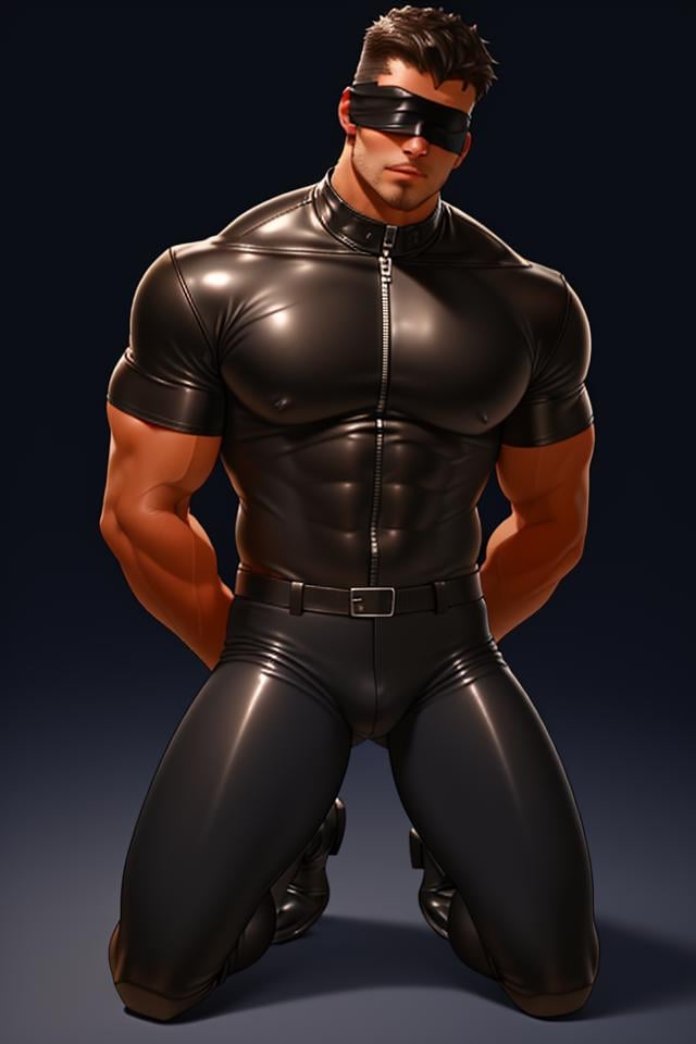 best quality,mature_male,strong body,strong thigh,((wearing_leather_uniform)),thick_stubble,blindfold,(arms_behind_back),kneeling,face to viewer,black leather pants,bulge in pants,wearing leather gloves,<lora:blindfold_maleV1:0.6> , <lora:detailmaker:1>