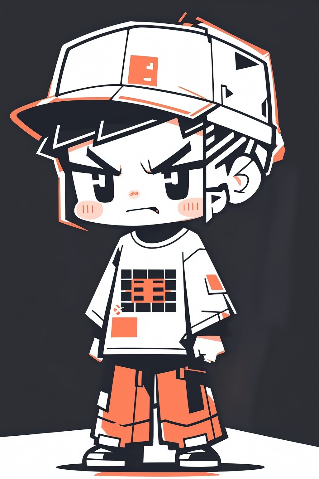 CUXIAN, 1boy, solo, hat, shirt, blush stickers, chibi, pants, white background, standing, t-shirt, anger<lora:CUXIAN_20231102160946:1>