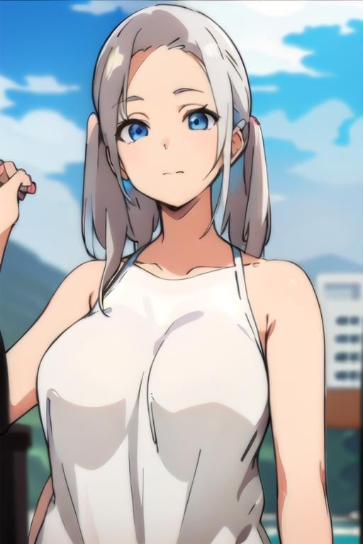 girl,  white hair,  two pigtails,  white dress,  blue eyes, <lora:EMS-76625-EMS:1.100000>, , <lora:EMS-179-EMS:-0.600000>