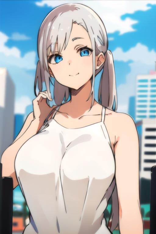 girl,  white hair,  two pigtails,  white dress,  blue eyes, <lora:EMS-76625-EMS:1.100000>, , <lora:EMS-179-EMS:-0.600000>