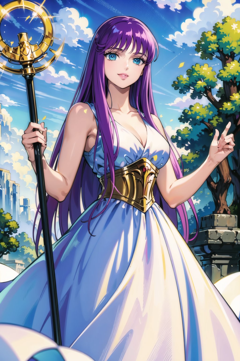 ((best quality)), ((highly detailed)), masterpiece, ((official art)),(cowboy shot), saori, purple hair, long hair, blue eyes, (staff), holding staff, smile, lips, white dress, ,sleeveless, bare, bare_shoulder, cleavage, collarbone, ,best quality, masterpiece, intricate details, scenary, outdoors, flower, tree, day, cloud,trending on Artstation