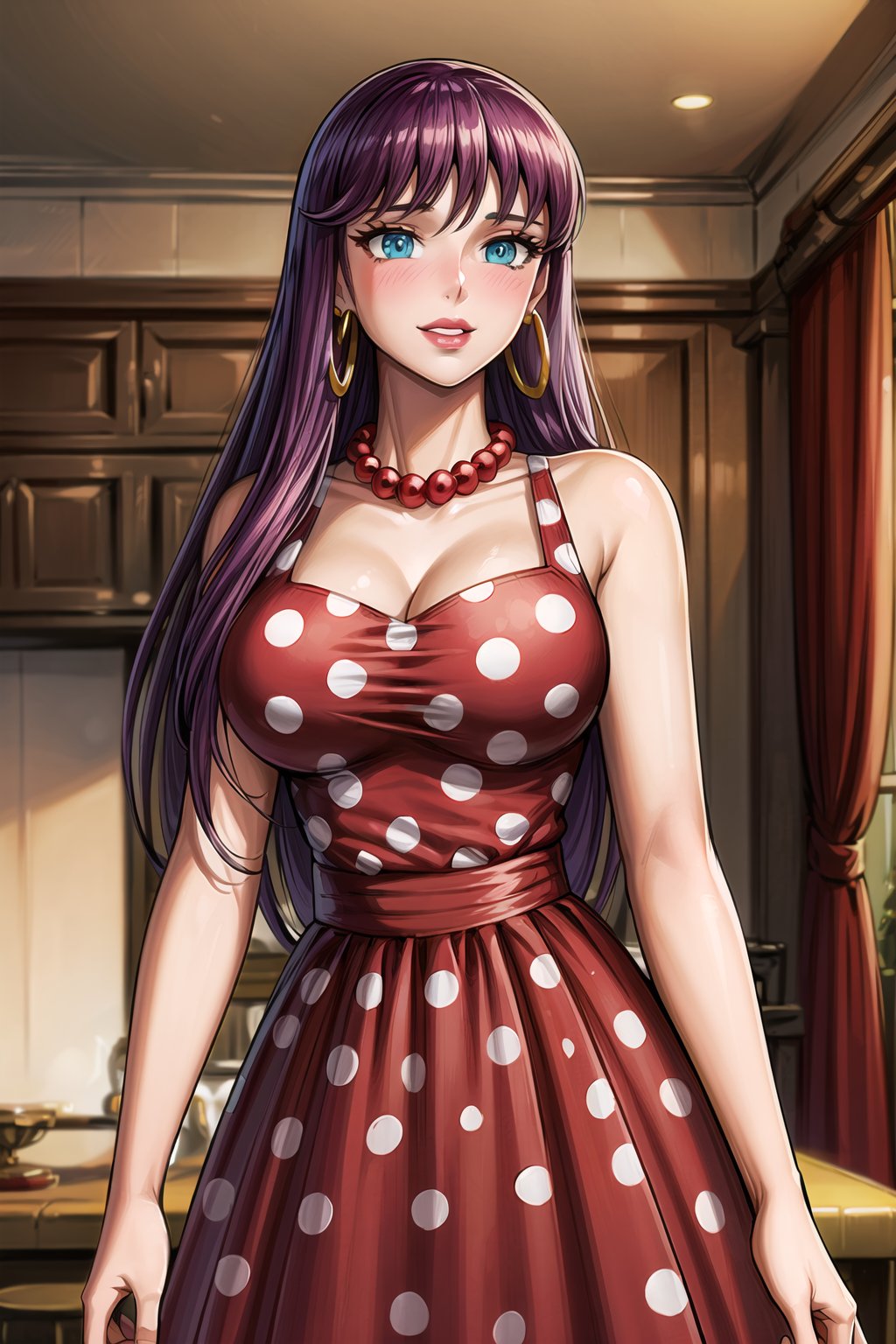 (best quality), (highly detailed), masterpiece, (official art),saori, purple hair, long hair, blue eyes,(Stepford),lips, makeup, lipstick,red lips,smile, (pose),(polka dot:1.4), (polka dot dress:1.4),(pearl necklace:1.2), pearl bracelet, bare shoulders,(red dress:1.2),(aroused), nose blush ,standing, big breasts, (large pearl necklace), (hoop earrings:1.2), (intricately detailed, hyperdetailed), blurry background,depth of field, best quality, masterpiece, intricate details, tonemapping, sharp focus, hyper detailed, trending on Artstation,1 girl, high res,facing viewer, official art,Saori