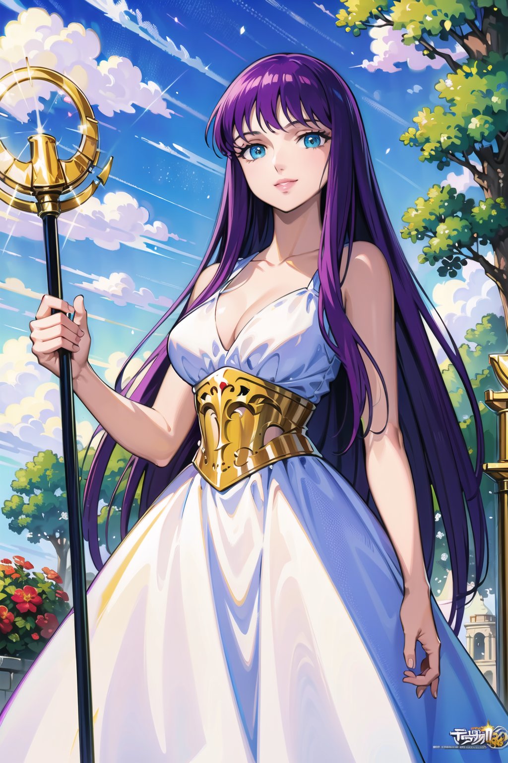 ((best quality)), ((highly detailed)), masterpiece, ((official art)),(cowboy shot), saori, purple hair, long hair, blue eyes, (staff), holding staff, smile, lips, white dress, ,sleeveless, bare, bare_shoulder, cleavage, collarbone, ,best quality, masterpiece, intricate details, scenary, outdoors, flower, tree, day, cloud,trending on Artstation