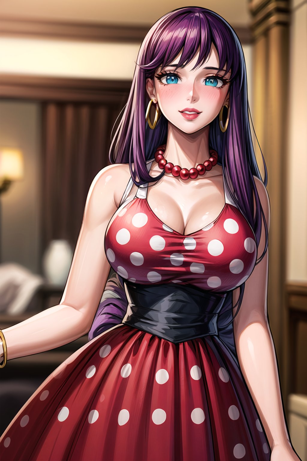 (best quality), (highly detailed), masterpiece, (official art),saori, purple hair, long hair, blue eyes,(Stepford),lips, makeup, lipstick,red lips,smile, (pose),(polka dot:1.4), (polka dot dress:1.4),(pearl necklace:1.2), pearl bracelet, bare shoulders,(red dress:1.2),(aroused), nose blush ,standing, big breasts, (large pearl necklace), (hoop earrings:1.2), (intricately detailed, hyperdetailed), blurry background,depth of field, best quality, masterpiece, intricate details, tonemapping, sharp focus, hyper detailed, trending on Artstation,1 girl, high res,facing viewer, official art,Saori