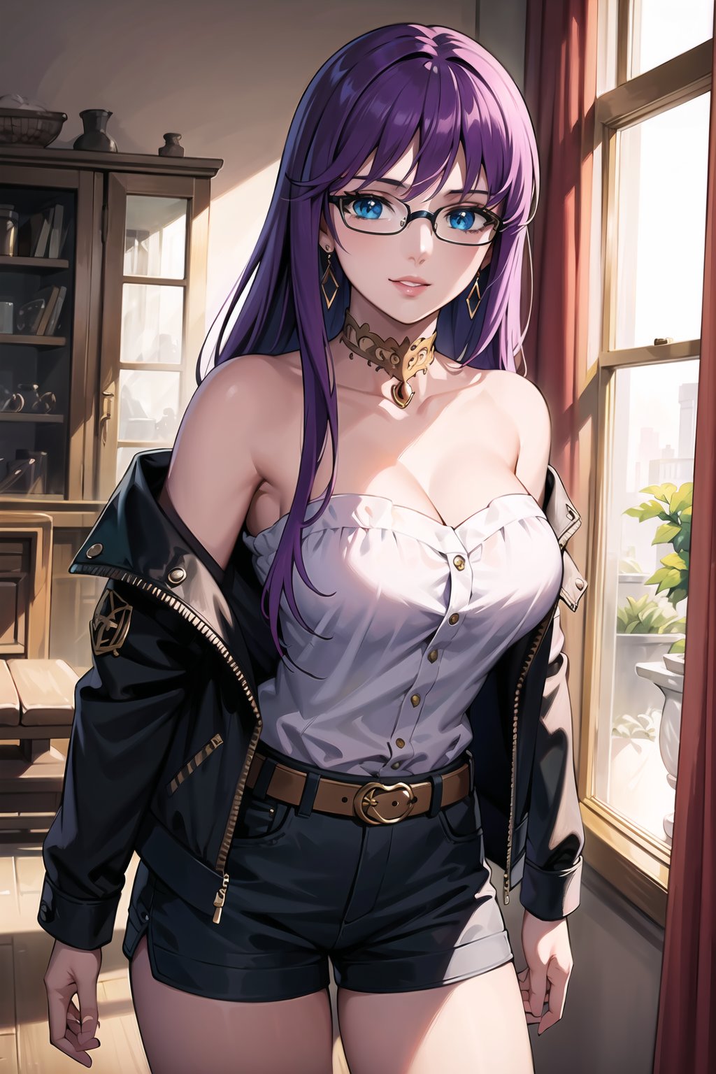 (best quality), (highly detailed), masterpiece, saori, purple hair, long hair, blue eyes  jewelry, earrings , choker, glasses, collarbone, bare shoulders, jacket ,  open jacket, strapless, black shorts, red belt, cowboy shot,lips, parted lips, light smile ,looking at viewer, window,  indoors,scenery, intricately detailed, hyperdetailed, blurry background,depth of field, best quality, masterpiece, intricate details, tonemapping, sharp focus, hyper detailed, trending on Artstation,1 girl, high res, official art,Saori