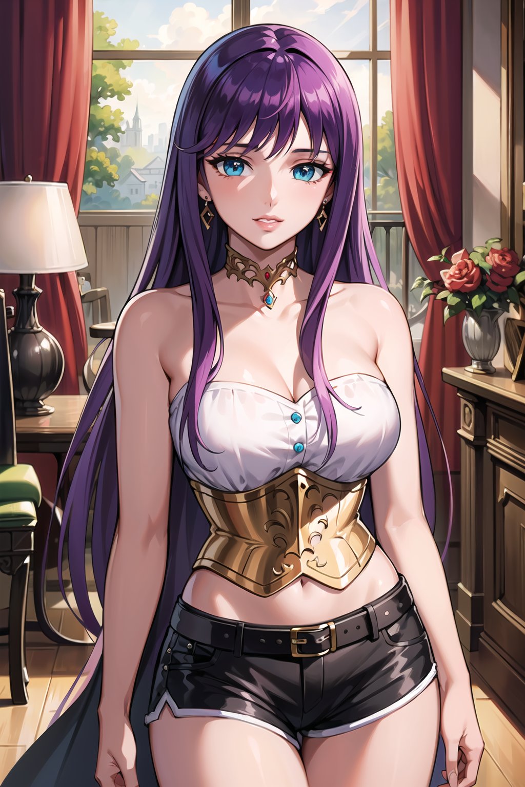 (best quality), (highly detailed), masterpiece, saori, purple hair, long hair, blue eyes  jewelry, earrings , choker,  collarbone, bare shoulders, strapless, black shorts, red belt, cowboy shot,lips, parted lips, light smile ,looking at viewer, window,  indoors,scenery, intricately detailed, hyperdetailed, blurry background,depth of field, best quality, masterpiece, intricate details, tonemapping, sharp focus, hyper detailed, trending on Artstation,1 girl, high res, official art,Saori