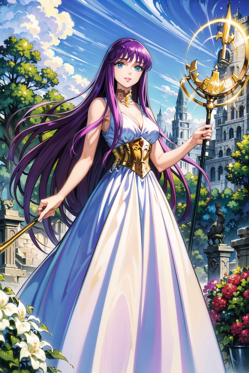 ((best quality)), ((highly detailed)), masterpiece, ((official art)), saori, purple hair, long hair, blue eyes, (staff), holding staff, smile, lips, white dress, long dress ,sleeveless, bare, bare_shoulder, cleavage, collarbone, ,best quality, masterpiece, intricate details, scenary, outdoors, flower, tree, day, cloud,trending on Artstation