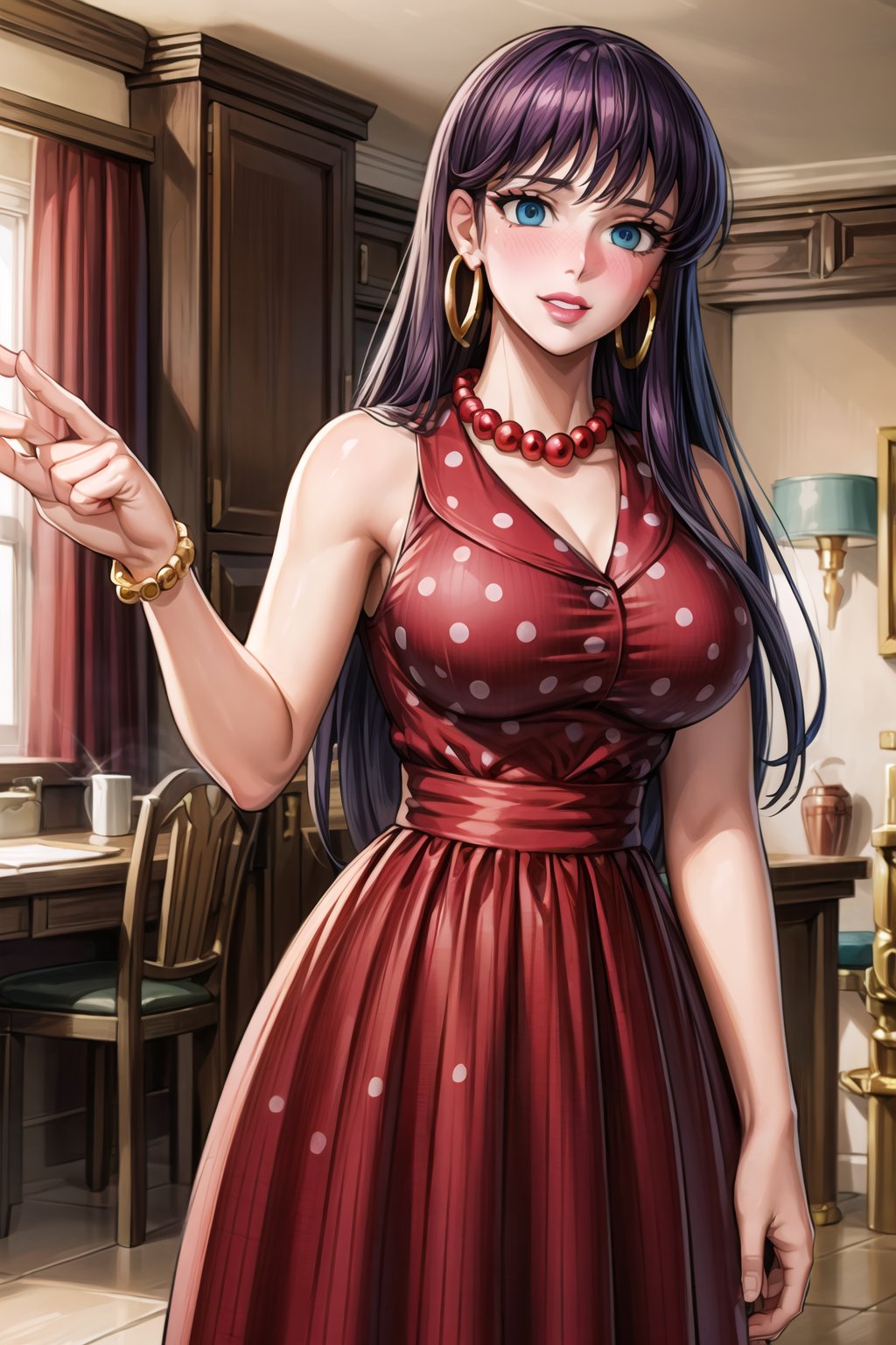 (best quality), (highly detailed), masterpiece, (official art),saori, purple hair, long hair, blue eyes,(Stepford),lips, makeup, lipstick,red lips,smile, (pose),(polka dot:1.4), (polka dot dress:1.4),(pearl necklace:1.2), pearl bracelet, bare shoulders,(red dress:1.2),(aroused), nose blush ,standing, big breasts, (large pearl necklace), (hoop earrings:1.2), (intricately detailed, hyperdetailed), blurry background,depth of field, best quality, masterpiece, intricate details, tonemapping, sharp focus, hyper detailed, trending on Artstation,1 girl, high res,facing viewer, official art,Saori,empty eyes