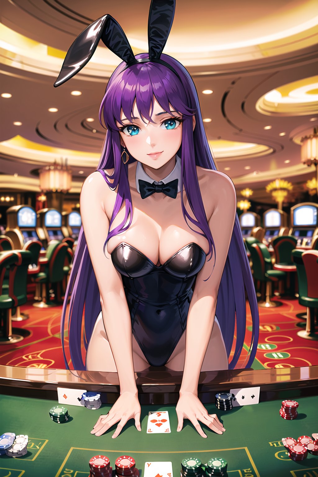 masterpiece, best quality, highres, saori, purple hair, long hair, blue eyes, jewelry, earrings, rabbit ears, playboy bunny, leotard, light smile , (casino:1.2), indoors, (casino table),(hands on table:1.3), (leaning_on_table:1.2), leaning_forward ,roulette table, slot machine,Saori