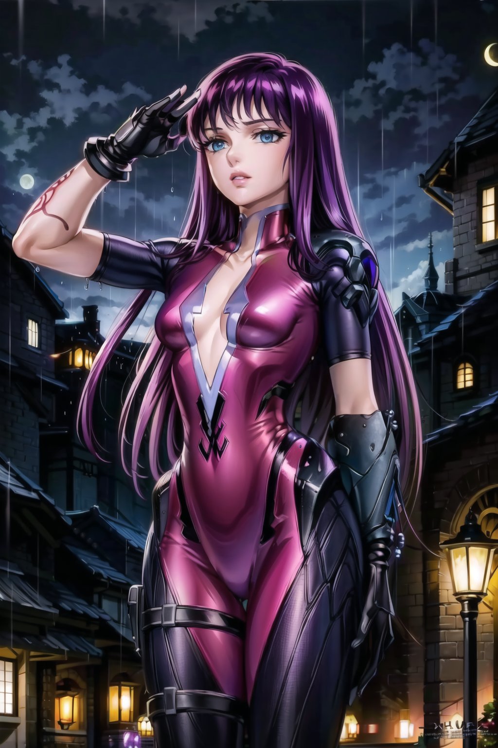 ((best quality)), ((highly detailed)), masterpiece, ((official art)), saori, purple hair, long hair, blue eyes,  lips, parted_lips, salute,  (arms at sides:1.2), (widowsuit:1.2), medium breasts, tattoo, (arm tattoo:1.2) ,pose, best quality, masterpiece, intricate details, scenary, city, outdoors, rain, water drop, night, sky, moon, trending on Artstation, thigh gap,  black gloves,Saori
