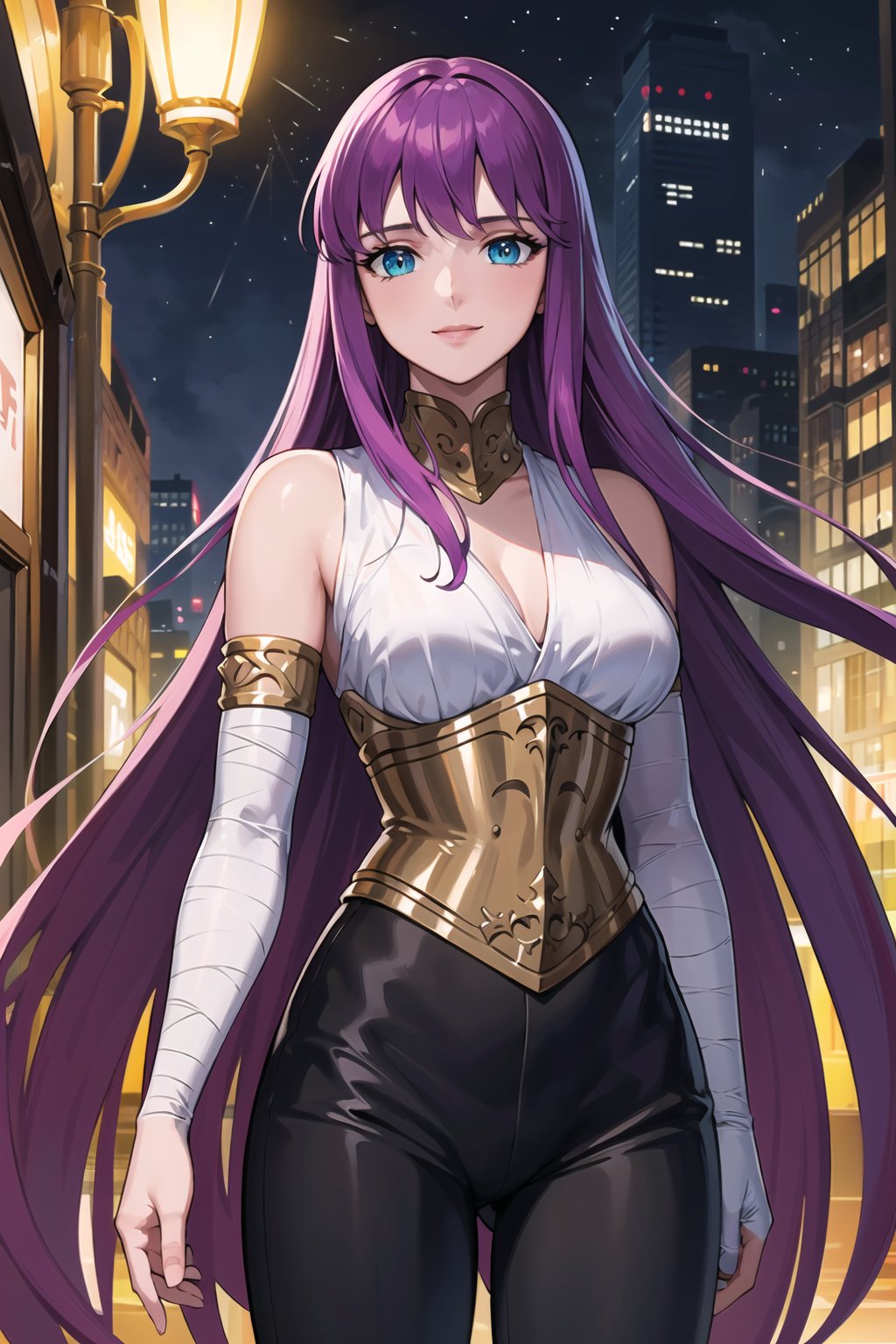 (best quality), (highly detailed), masterpiece, (official art),saori, purple hair, long hair, blue eyes, smile, long hair, ninja, elbow gloves, bandages, black pants, upper body, looking at viewer, city, night, sky, (intricately detailed, hyperdetailed), blurry background,depth of field, best quality, masterpiece, intricate details, tonemapping, sharp focus, hyper detailed, trending on Artstation,1 girl, high res, official art,Saori