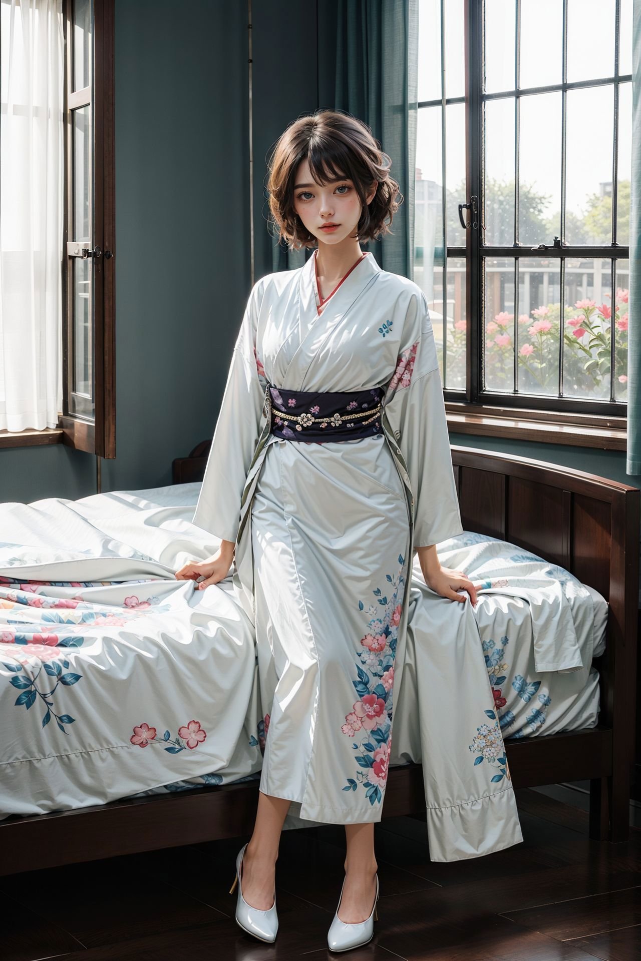<lora:New_Kimono_64_60minus40epoches_1.0:0.85>, 1girl, (white kimono),  (floral print), long sleeves, short hair, full body, sitting on the bed, (cowboy shot),(masterpiece, high quality, best quality), (colorful),(delicate eyes and face), volumatic light, ray tracing, extremely detailed CG unity 8k wallpaper,solo, ((flying petal)), indoors, window, blinds, sunlight, potted flowers, bedroom, bed,