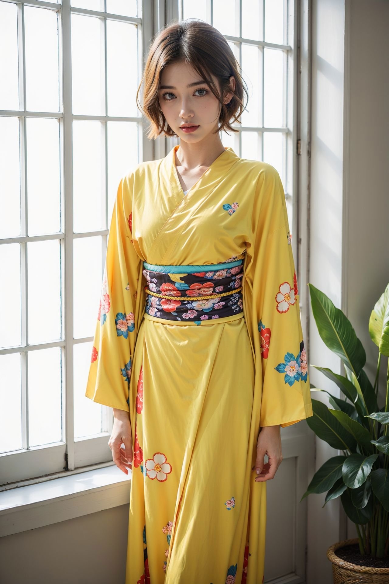 <lora:New_Kimono_64_60minus40epoches_1.0:0.85>, 1girl, (yellow kimono),  (floral print), long sleeves, short hair, (upper body:0.7), standing, (cowboy shot),(masterpiece, high quality, best quality), (colorful),(delicate eyes and face), volumatic light, ray tracing, extremely detailed CG unity 8k wallpaper,solo, ((flying petal)), indoors, window, blinds, sunlight, potted plants, bedroom, bed,