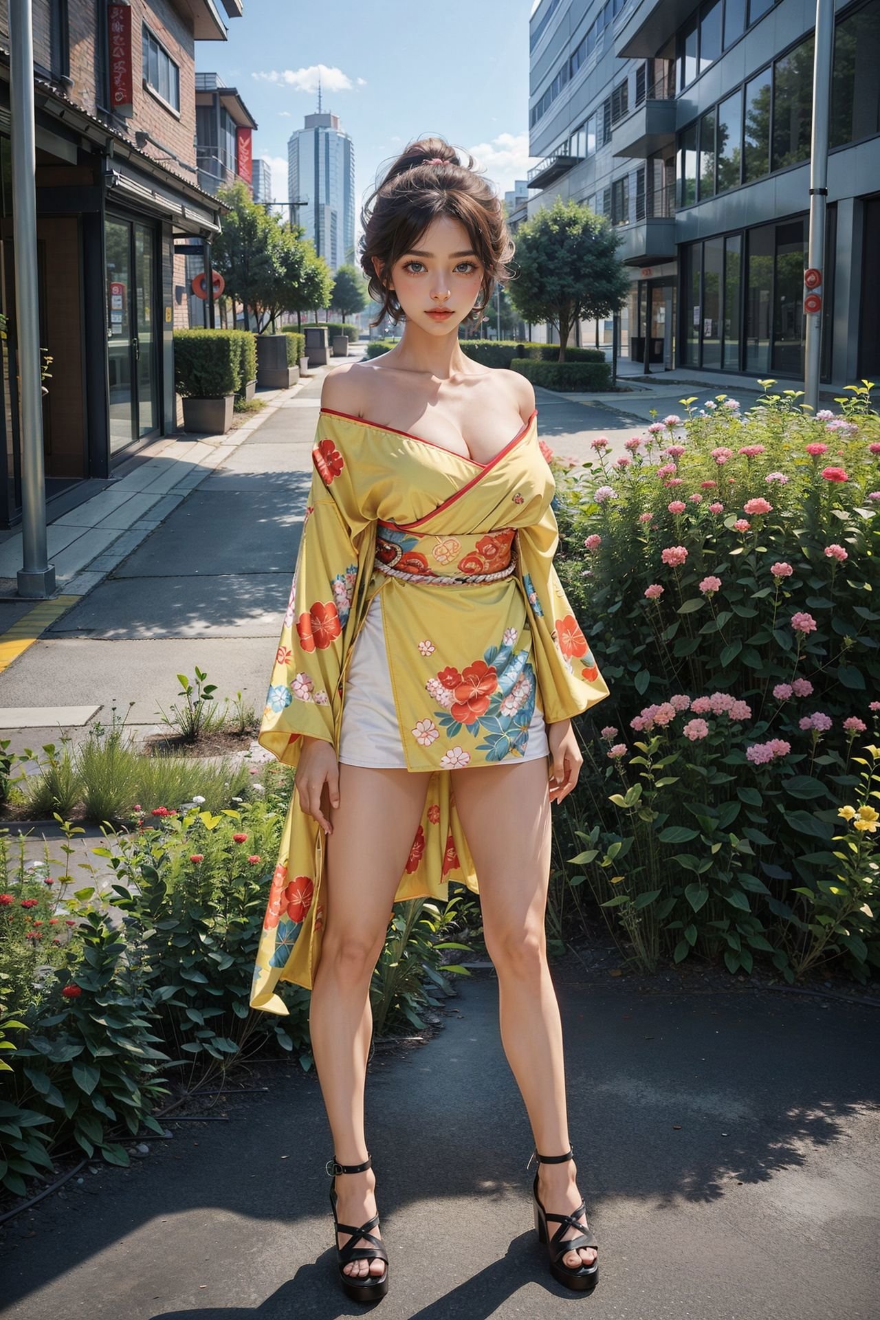 (nsfw),<lora:New_Kimono_64_60minus40epoches_1.0:0.85>, 1girl, red kimono, short japanese dress, (off-shoulder, cleavage, large breasts), floral print, long sleeves, ((thighs)), short hair, sandals, full body, standing, (cowboy shot),(masterpiece, high quality, best quality), (colorful),(delicate eyes and face), volumatic light, ray tracing, extremely detailed CG unity 8k wallpaper,solo, ((flying petal)), outdoors, cityscape,flowers, buildings, blue sky, sunlight,