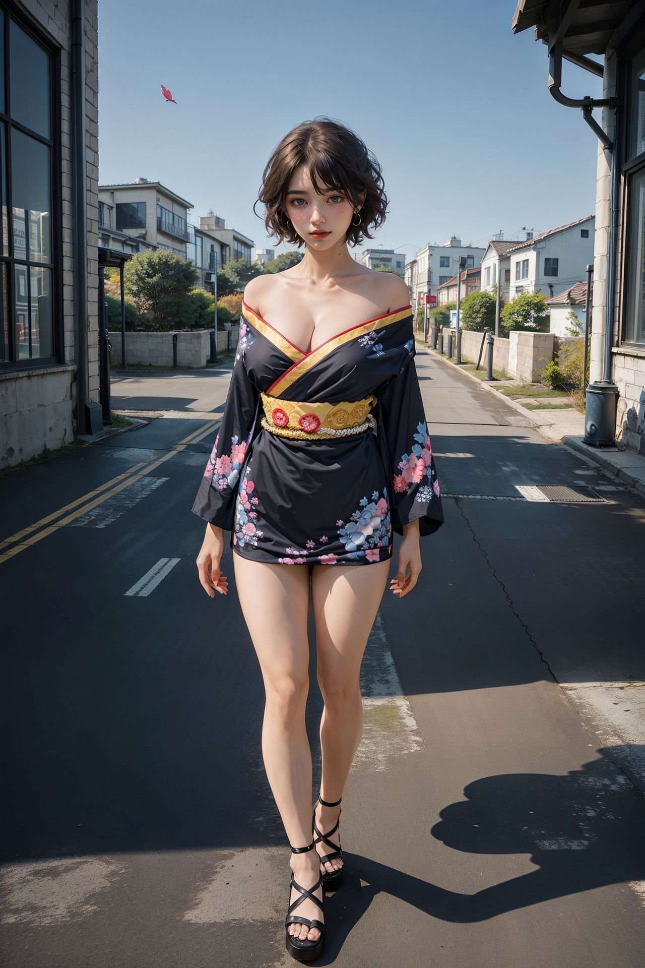 (nsfw),<lora:New_Kimono_64_60minus40epoches_1.0:0.85>, 1girl, ((black kimono)), short japanese dress, (off-shoulder, cleavage, large breasts), floral print, long sleeves, ((thighs)), short hair, sandals, full body, standing, (cowboy shot),(masterpiece, high quality, best quality), (colorful),(delicate eyes and face), volumatic light, ray tracing, extremely detailed CG unity 8k wallpaper,solo, ((flying petal)), outdoors, cityscape,flowers, buildings, blue sky, sunlight,