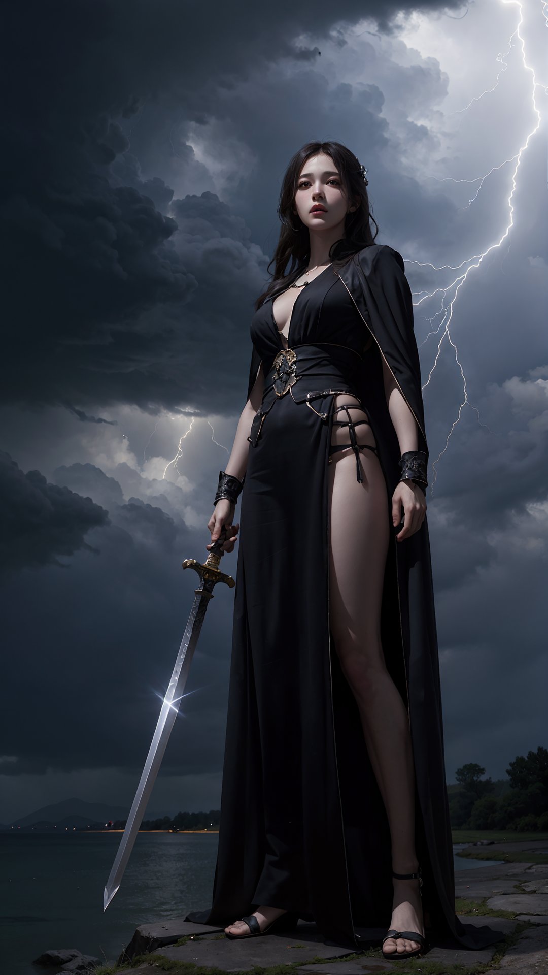 (best quality,masterpiece:1.2),ultra detailed,(photo realistic:1.4),solo,dark heroine,black robe,hold in hand light sword,full body,from below,lightning_sparkle_background