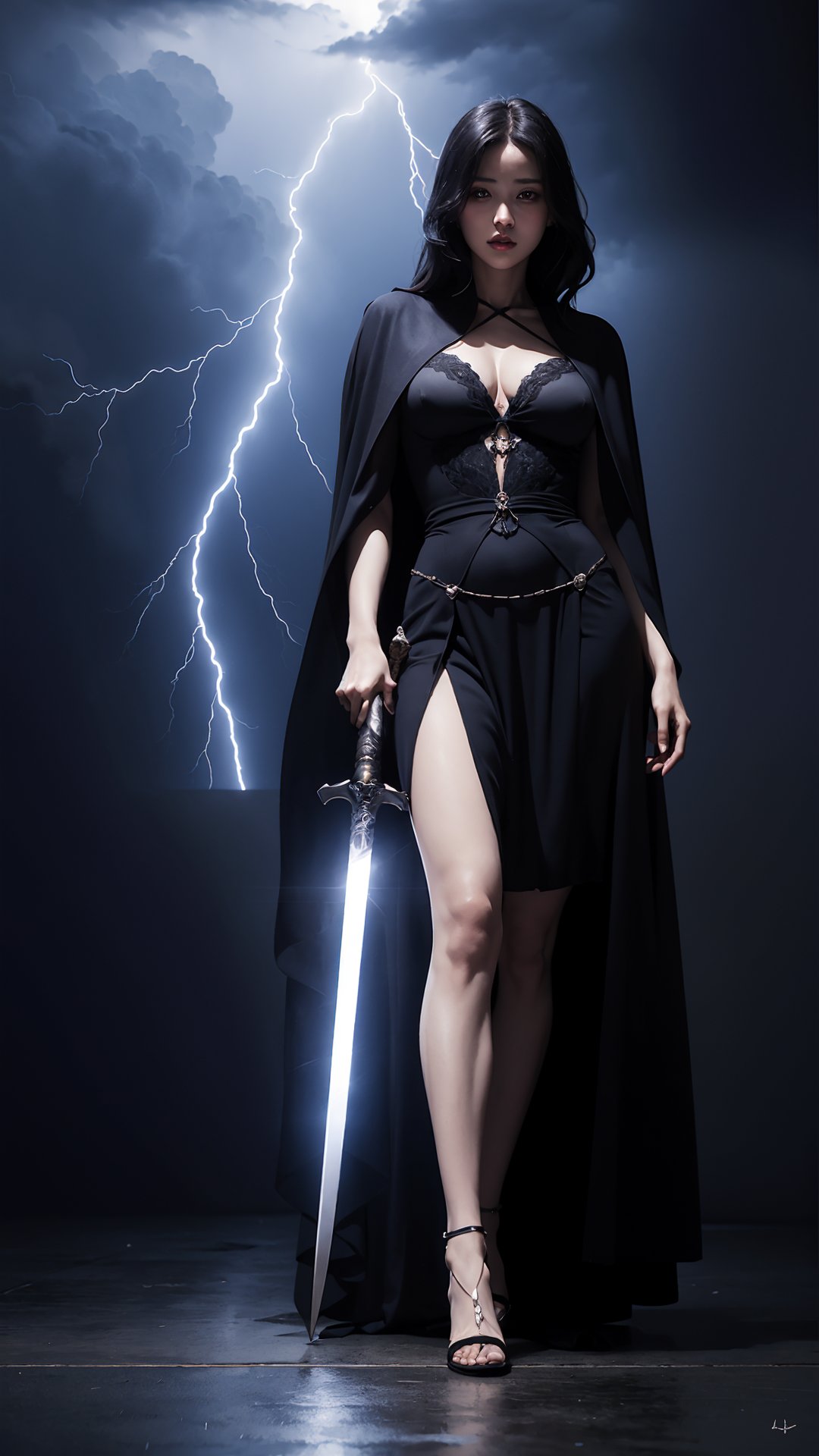 (best quality,masterpiece:1.2),ultra detailed,(photo realistic:1.4),solo,dark heroine,black robe,hold in hand light sword,full body,from below,lightning_sparkle_background,<lora:LightningSparkleBackground_v1:0.5>,