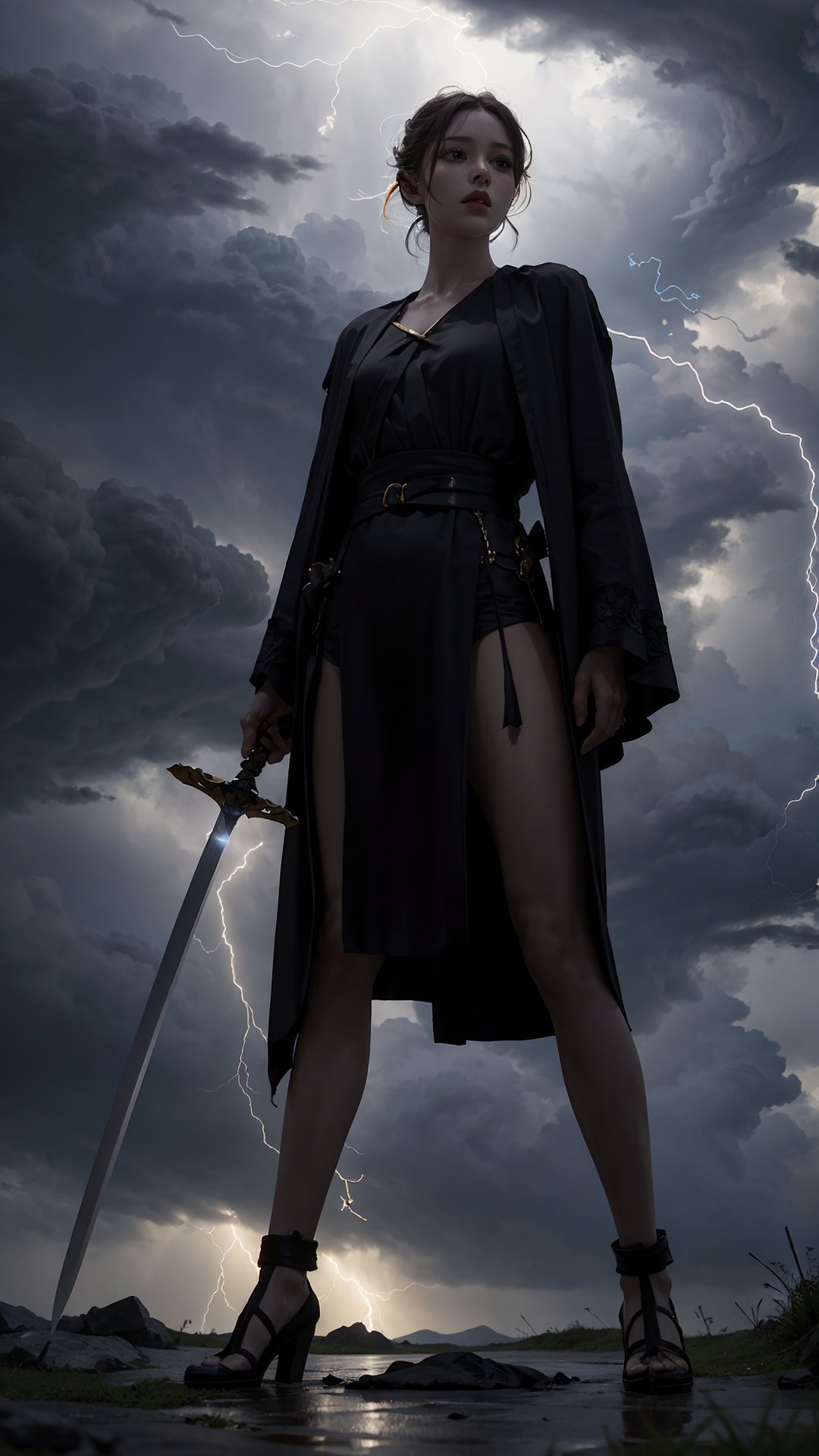 (best quality,masterpiece:1.2),ultra detailed,(photo realistic:1.4),solo,dark heroine,black robe,hold in hand light sword,full body,from below,lightning_sparkle_background