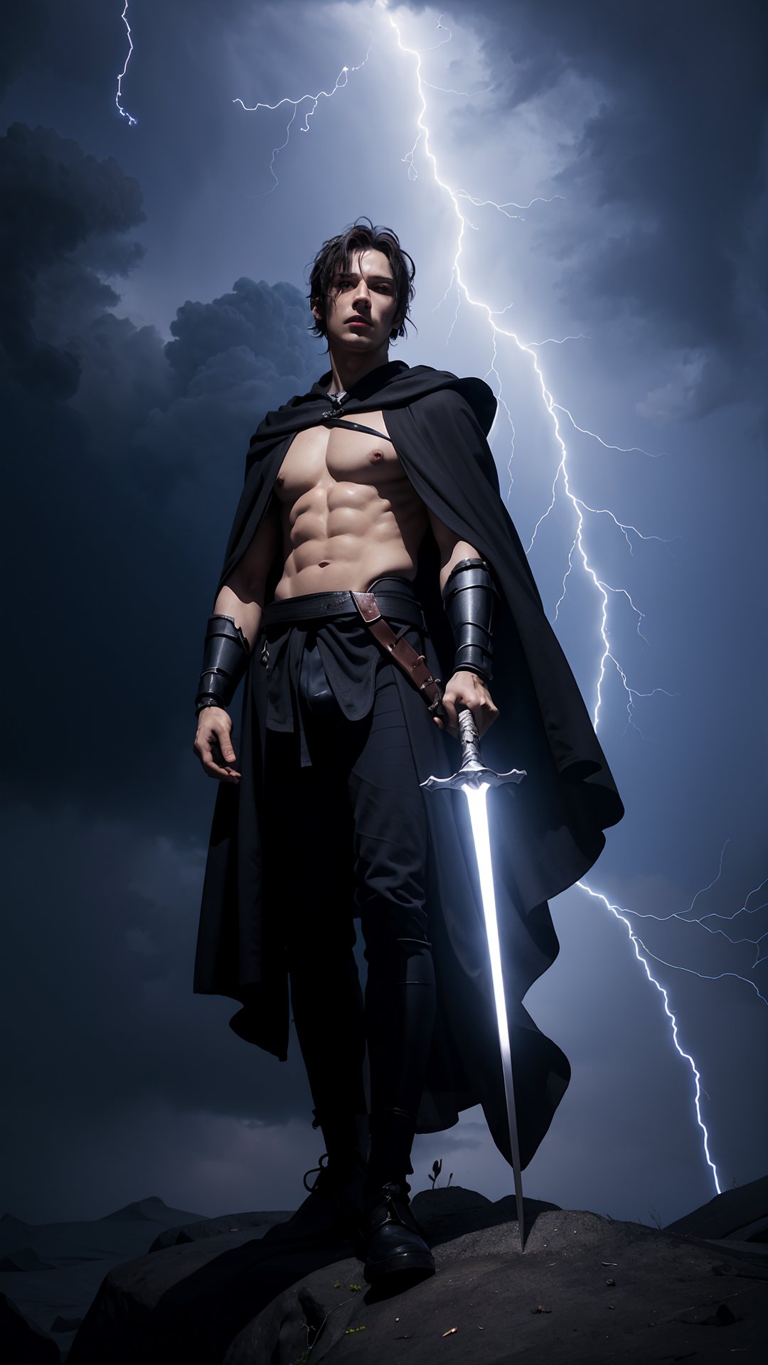 (best quality,masterpiece:1.2),ultra detailed,(photo realistic:1.4),solo,dark hero,black robe,hold in hand light sword,full body,from below,lightning_sparkle_background,<lora:LightningSparkleBackground_v1:0.5>,