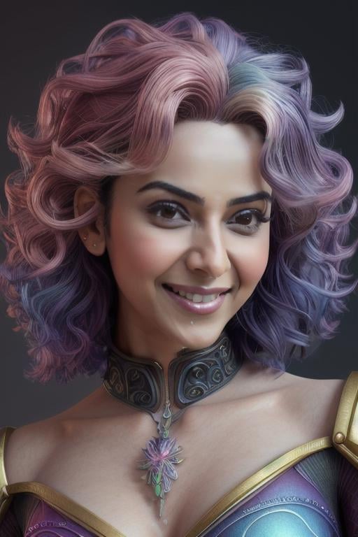 photograph, rainbow hair, sf, dnd, fantasy, pixar render, attractive, elegant, confident, optimistic, smiling, beautiful, heroine, perfect look, highly detailed modern clothing, curly hair details, trending on artstation, sharp focus, intricate details, highly detailed, Artgerm and Lisa Frank