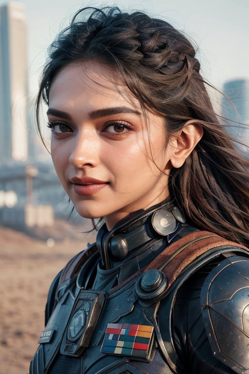 masterpiece, best quality, DeepikaPadukone, smiling, by [Albert Bertelsen:Diego Velázquez:0.56], <lora:DeepikaPadukone:1>redshift style analog style portrait+ style ; War girl on leave visiting city science fiction hyperrealistic 8k shot of the day beautiful high resolution close up