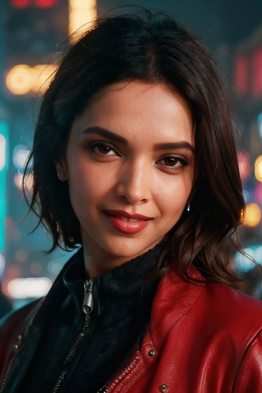 masterpiece, RAW photo of DeepikaPadukonelooking at the viewer, (cosplay as cyberpunk women, time travel movie, back in stonage world:1.2), beautiful, stunning, in action, futuristic movie by Christopher Nolan, gentle smile, fancy art, by Giorgio Armani